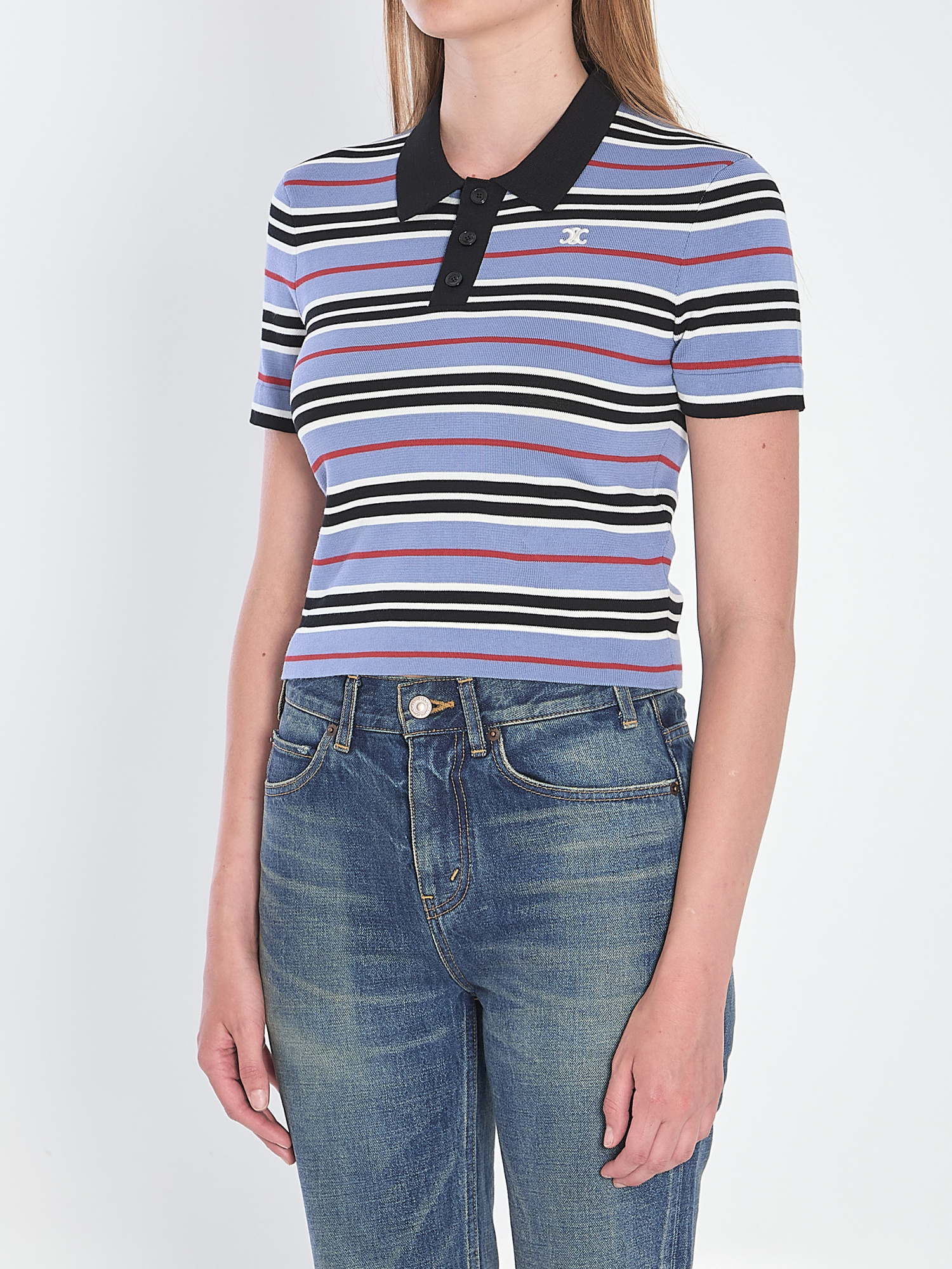 【CELINE】STRIPED POLO-STYLE KNIT●RY0FQ0ZQJGBT8 Celine Triomphe Striped Polo Shirt | italist