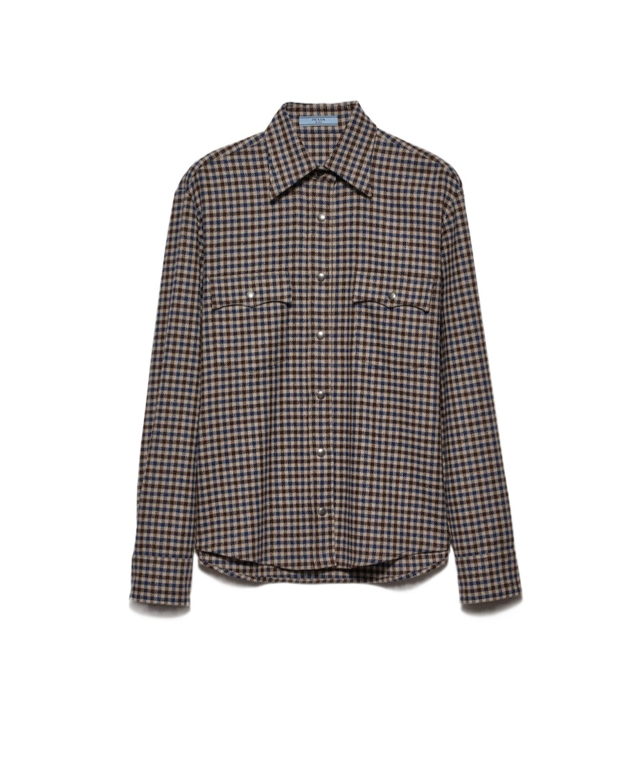 Prada Plaid Button Down Wool Top In Ebony