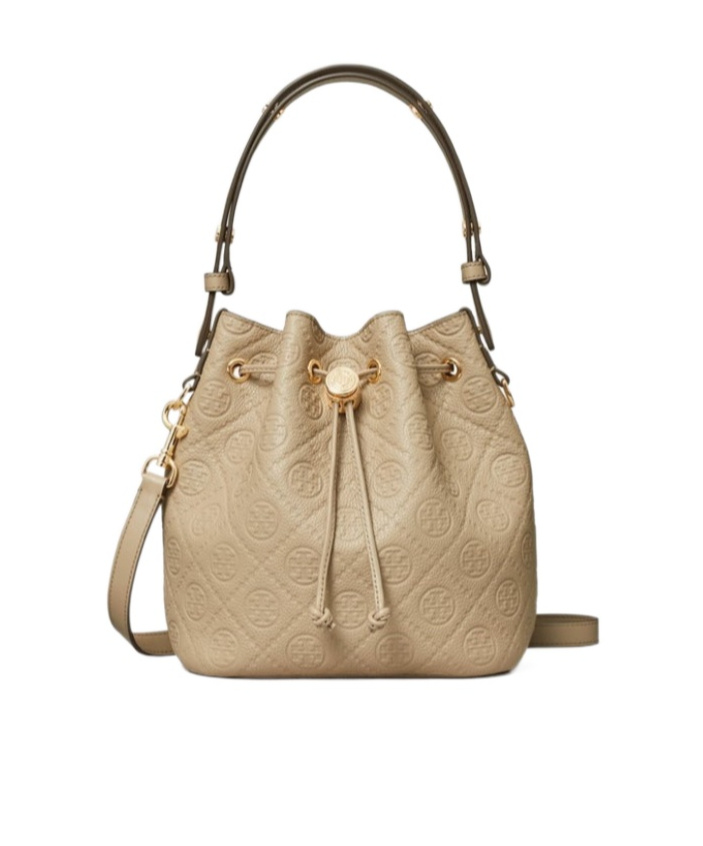 Tory Burch Mini T Monogram Leather Bucket Bag In Brown