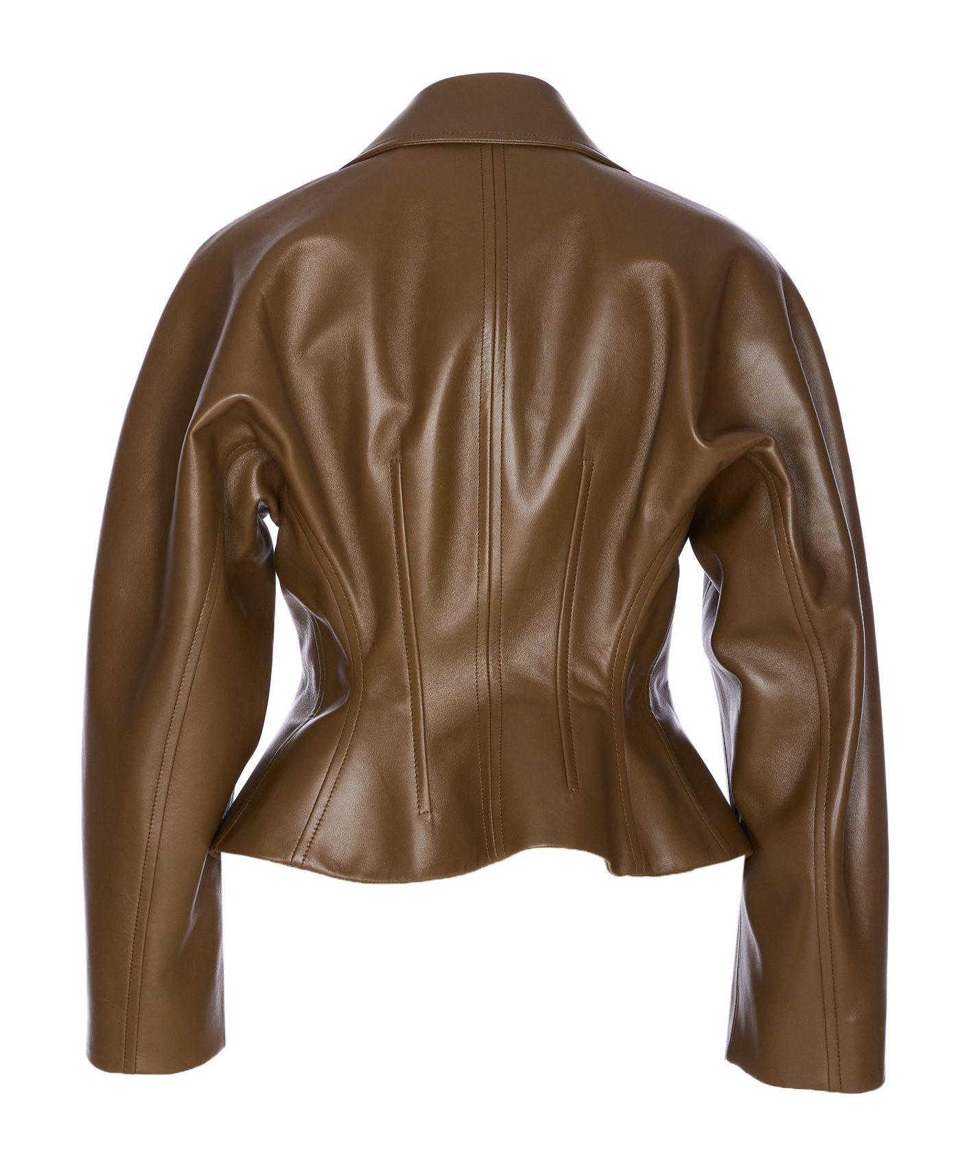 Bottega Veneta Womens Dark Moss Cinched-waist Flared-hem Leather Jacket In Brown