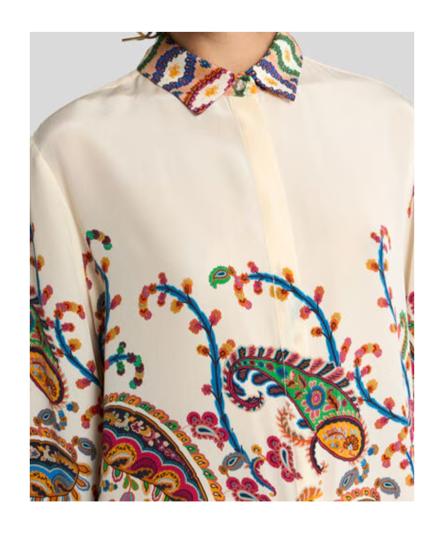 Etro Long Silk Shirt With Placed Floral Paisley Print In Multi
