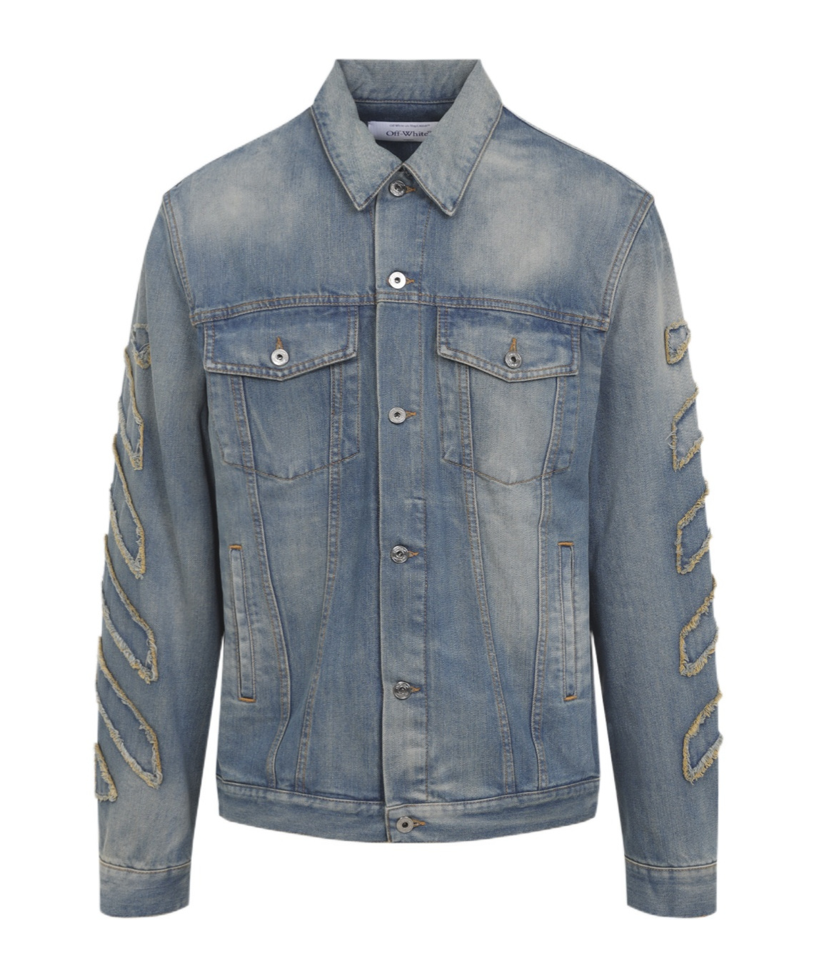 Off-white Denim Jacket With Frayed Diagonal Stripes In Blue