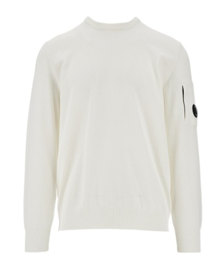 C.p. Company Cp Company Brushed Diagonal Fleece Lens Crew Neck Sweatshirt In White