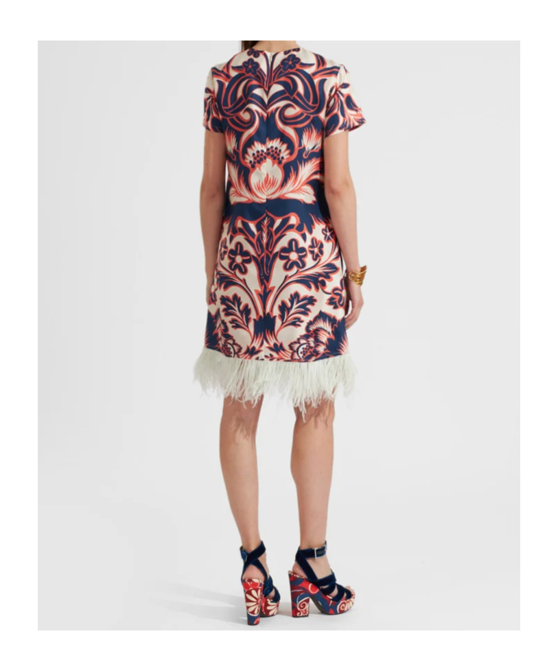 La Doublej Floral-print Feather-trim Minidress In Brown