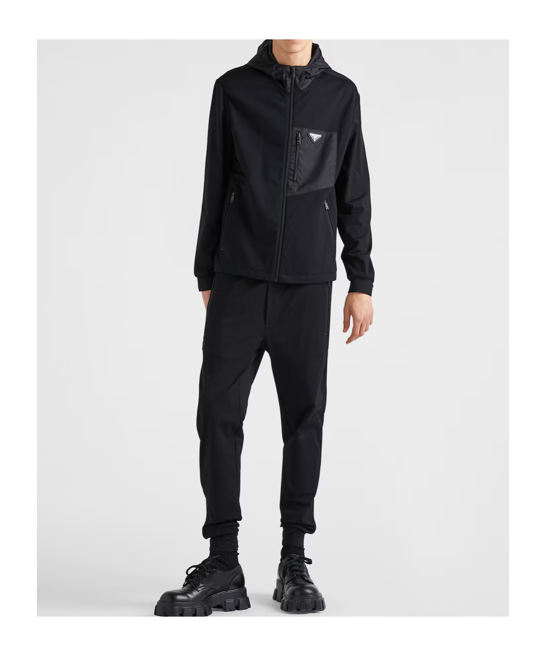 Prada Stretch Cotton Hooded Sweatshirt Chest Pocket In Black