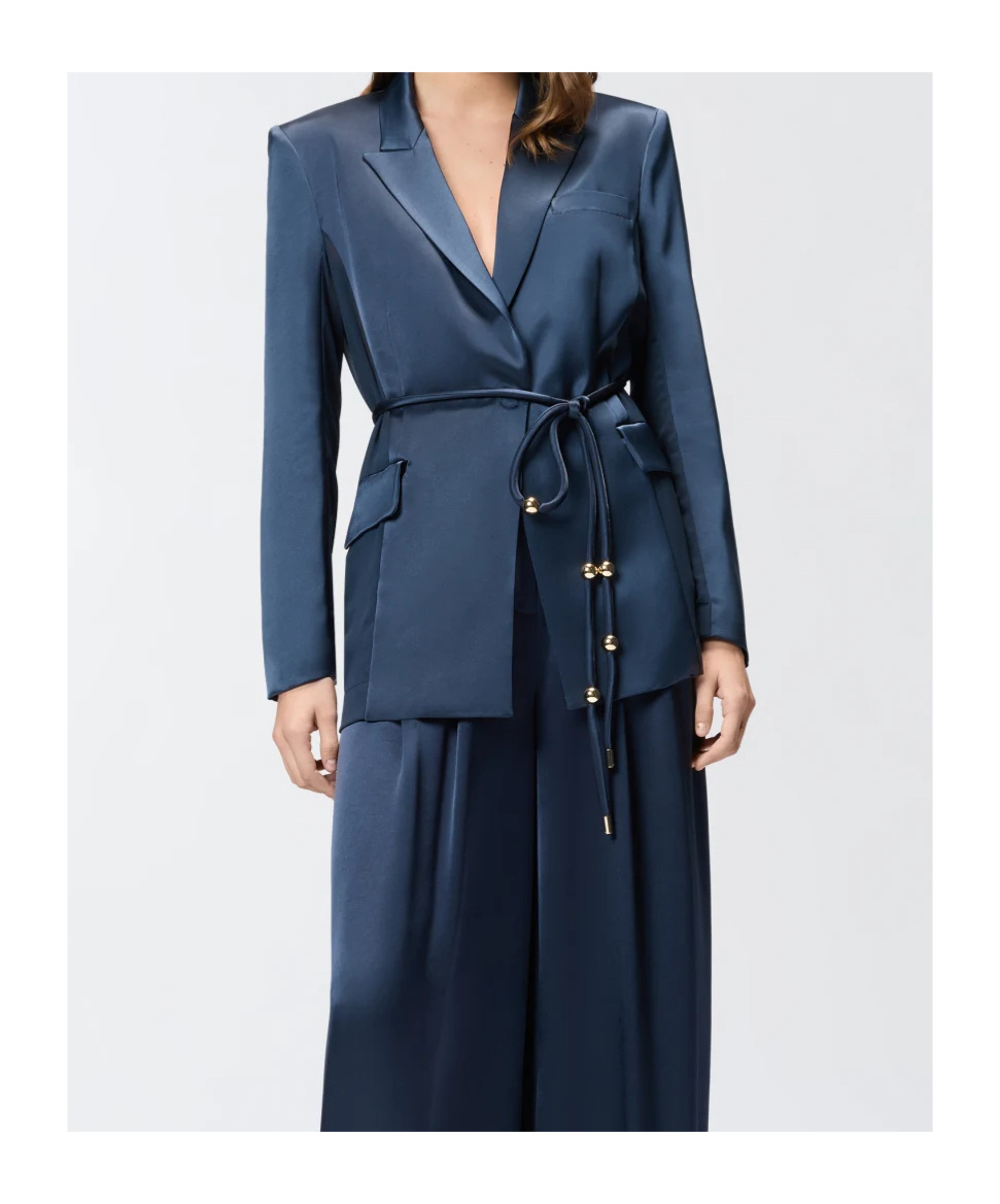 Pinko Glossy Satin Blazer With Belt And Sphere Accent In Blue