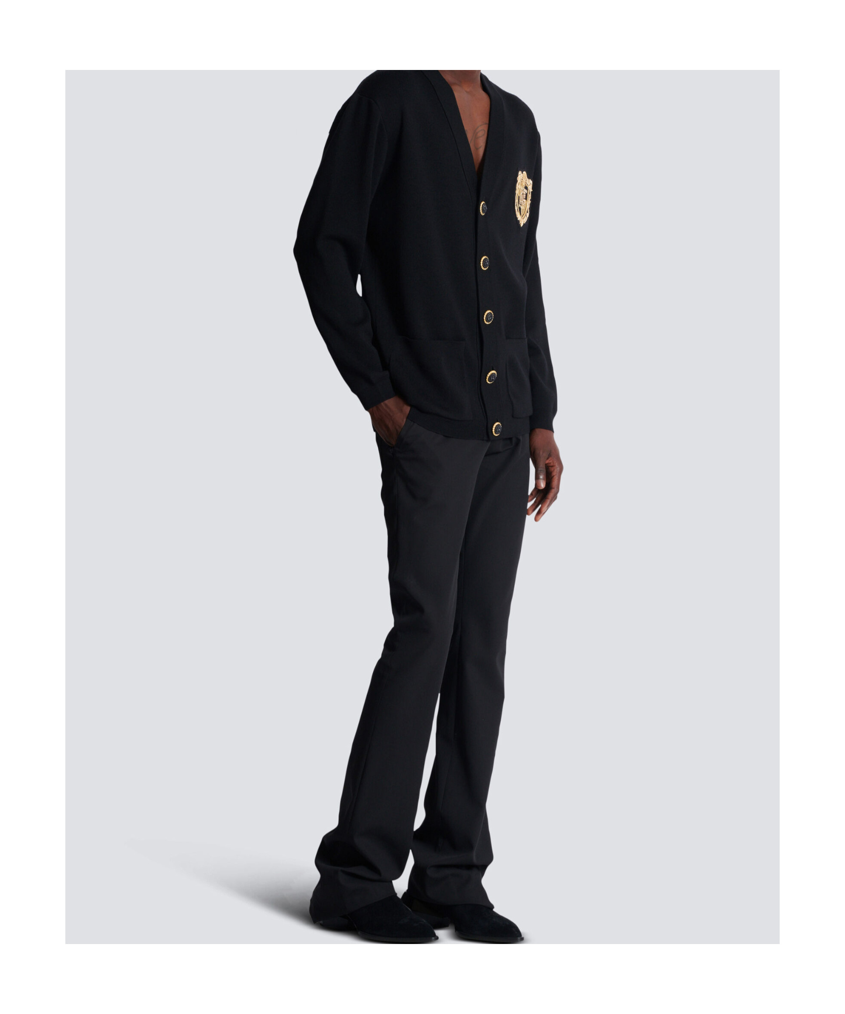 Shop Balmain Knit Cardigan With Embroidered Patch In Black
