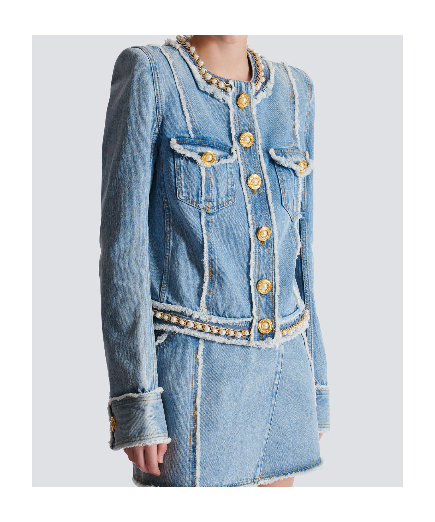 Balmain Faux Pearl-embellished Frayed Denim Jacket