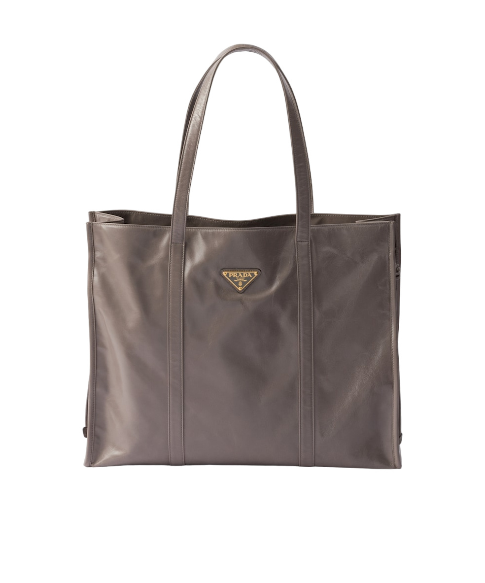 Prada Large Leather Tote Bag In Gray