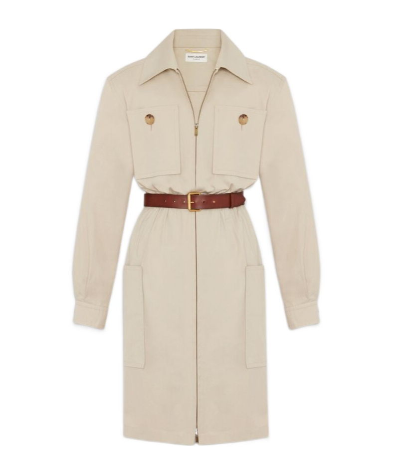 Saint Laurent Saharienne Belted Cotton Dress In Nude
