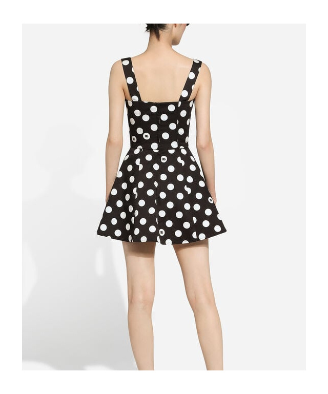 Dolce & Gabbana Black And White Corset Minidress With Polka-dots Print In Cotton Drill Woman In Black