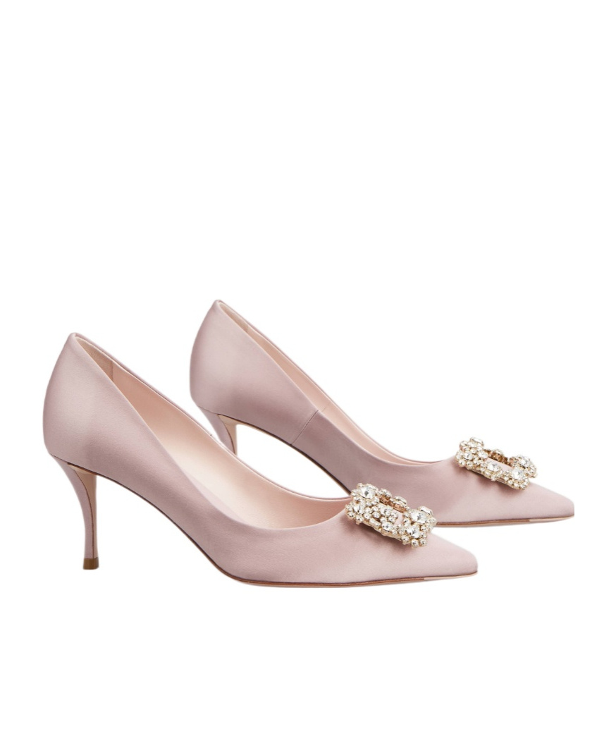 Roger Vivier Flower Strass Silk Satin Rhinestones Buckle High Heels In Nude