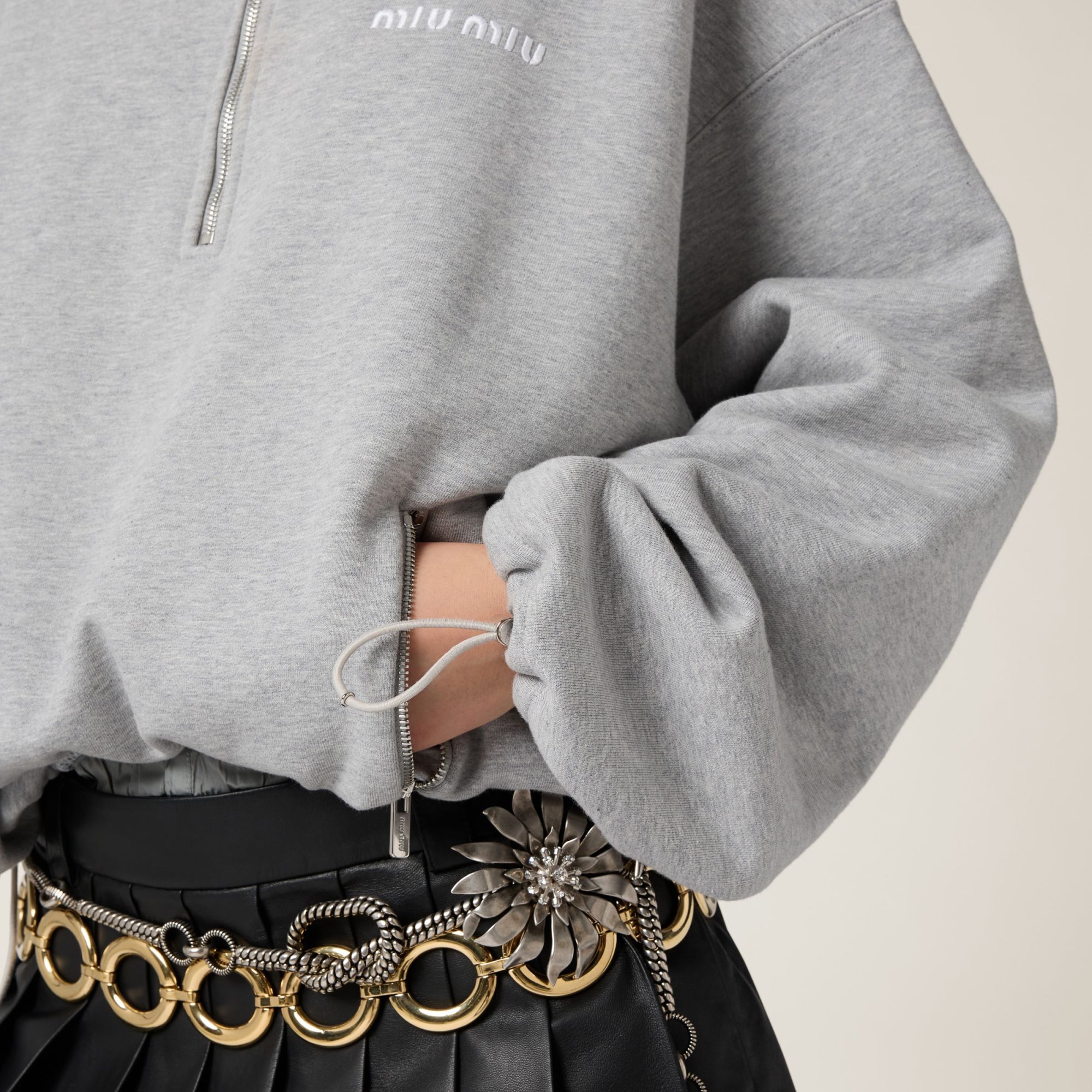 Miu Miu Cotton Fleece Zipper Sweatshirt In Gray