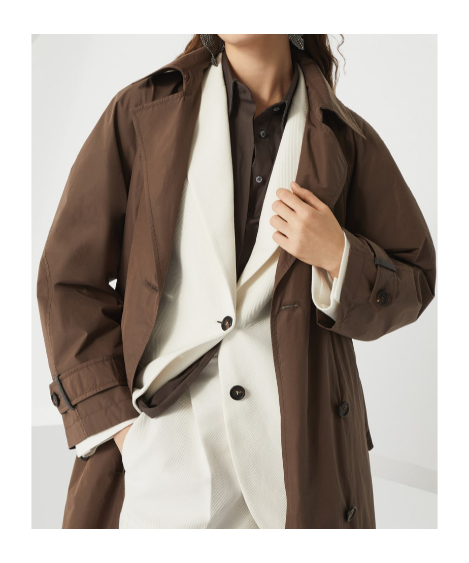 Brunello Cucinelli Brown Water-resistant Taffeta Shiny Details Trench Coat In Brown