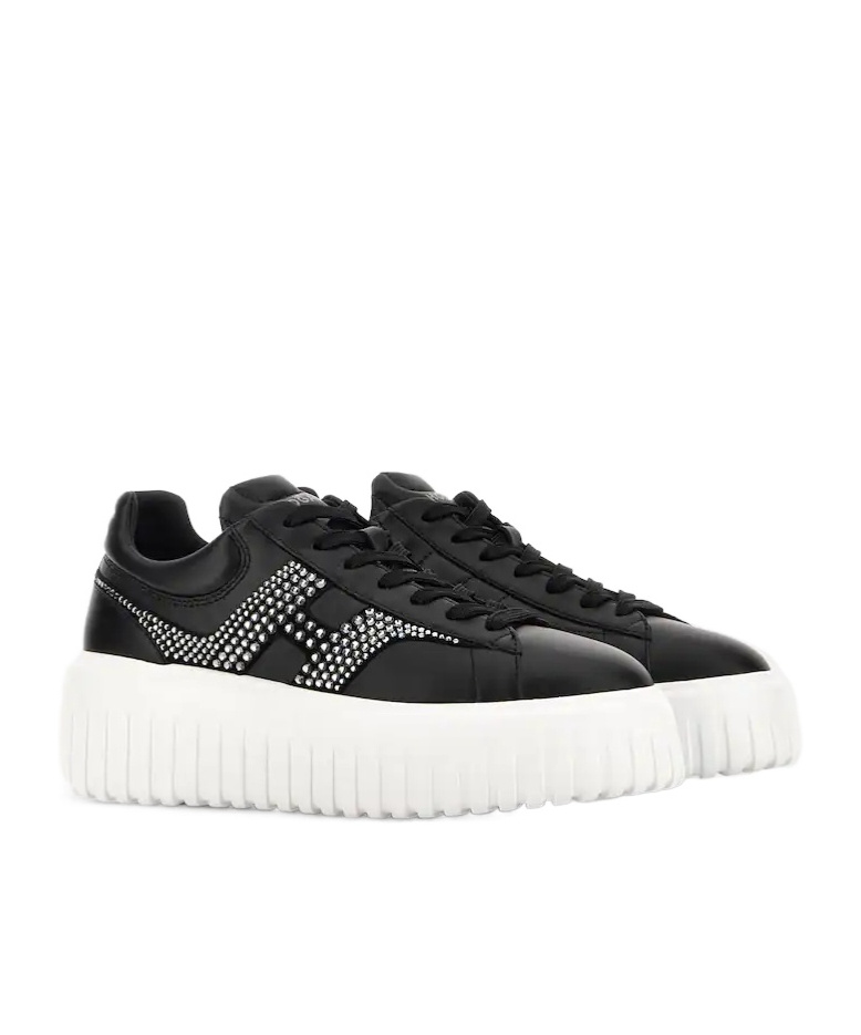 Hogan Leather Sneakers With Platform Sole And Embellished Stripes In Black