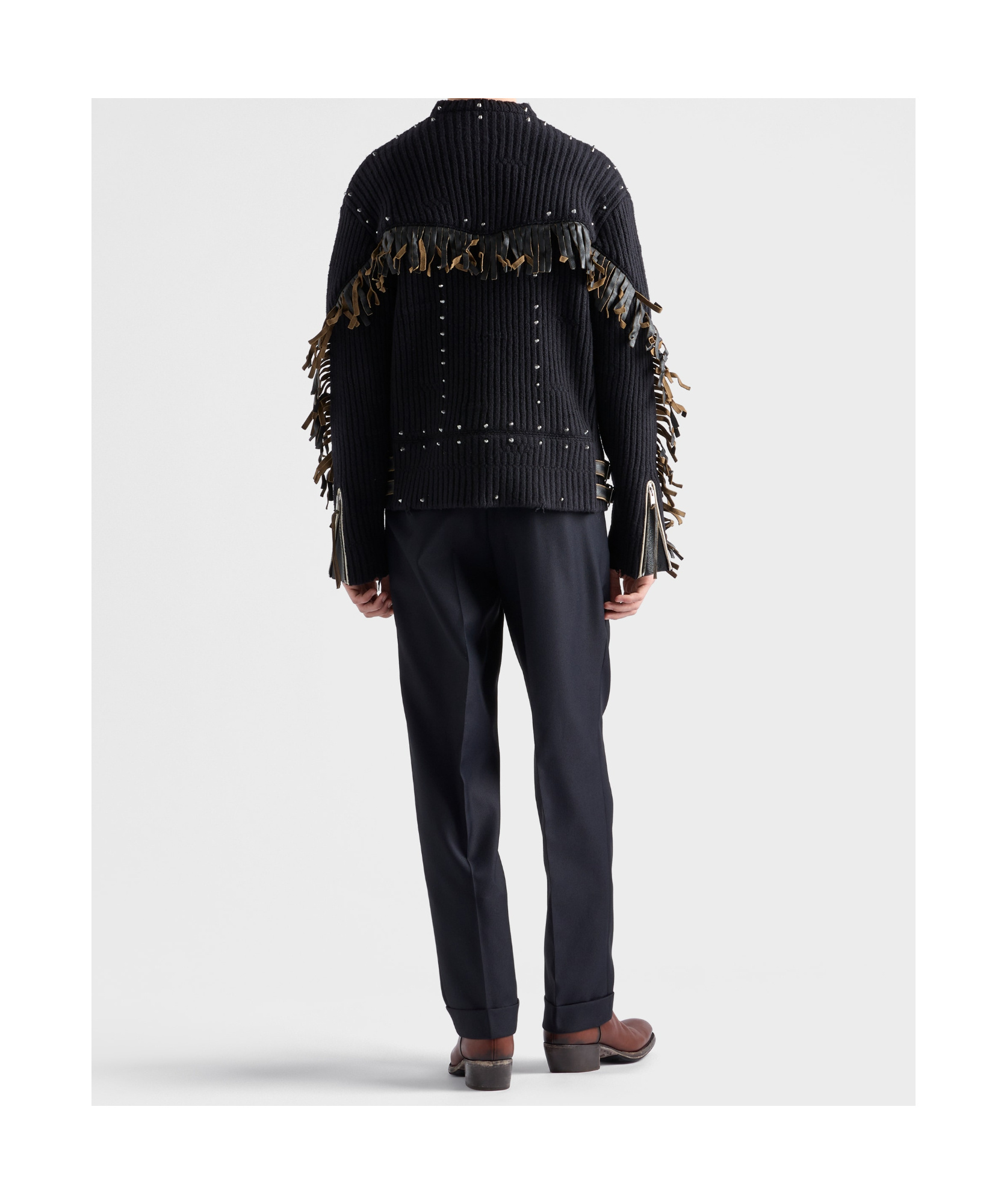 Prada Wool Crew-neck Sweater With Fringe And Studs In Black