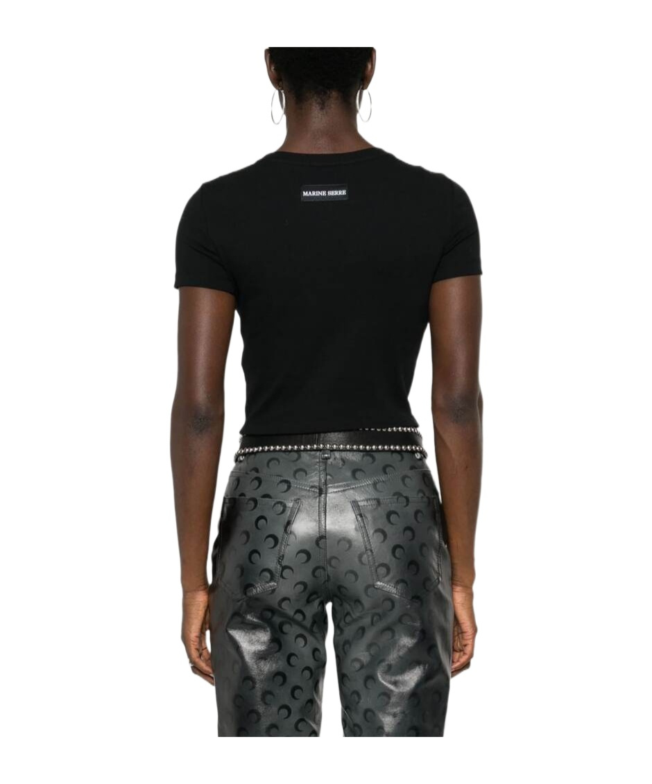 Marine Serre Black Moon Logo Ribbed Jersey Cut-out T-shirt In Black