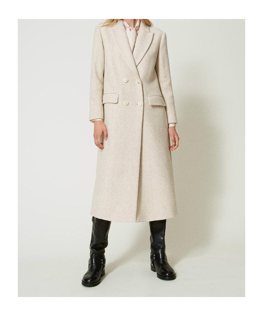 Shop Twinset Double-breasted Herringbone Coat In White