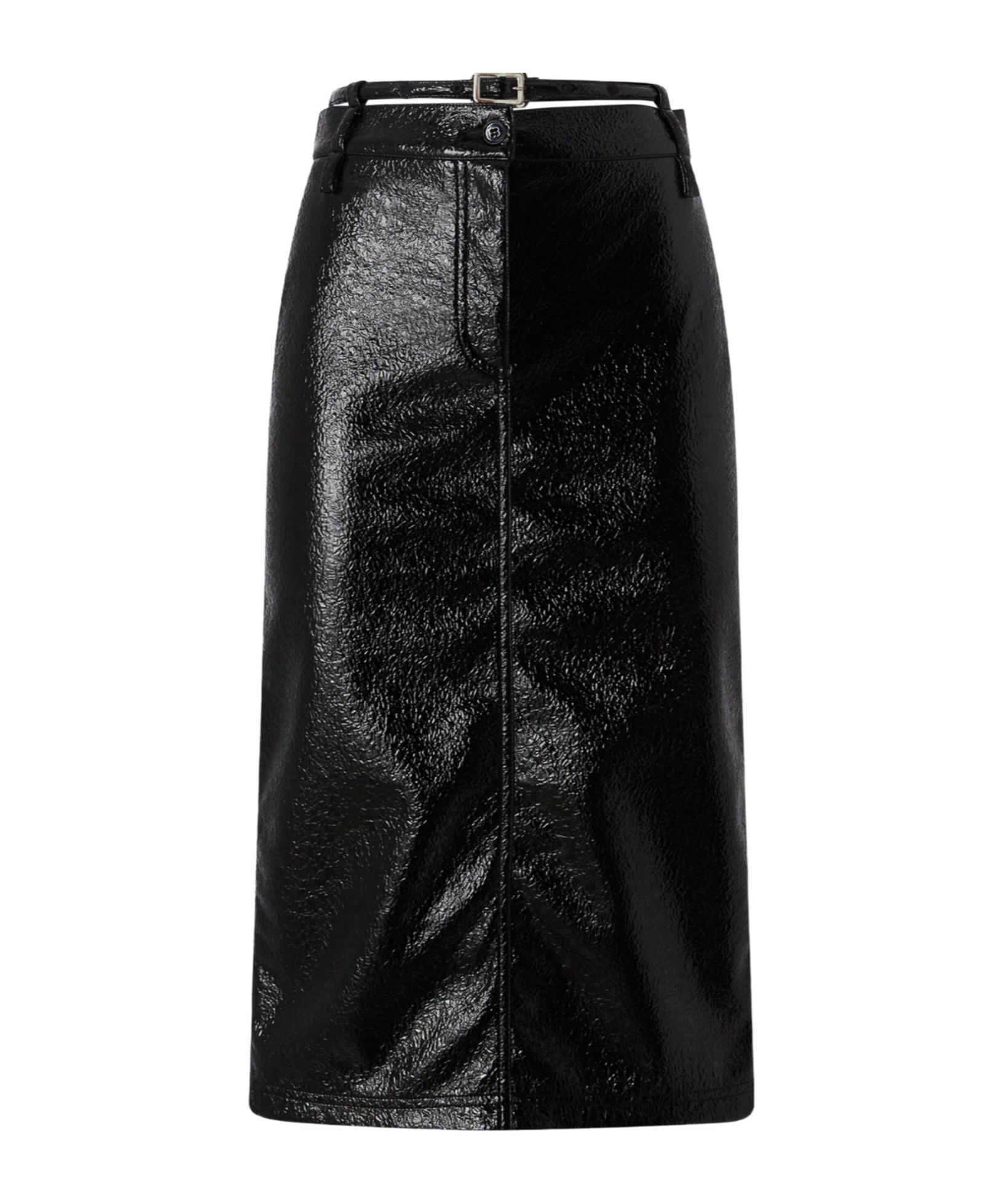 Pinko Patent-effect Calf-length Skirt With Belt In Black