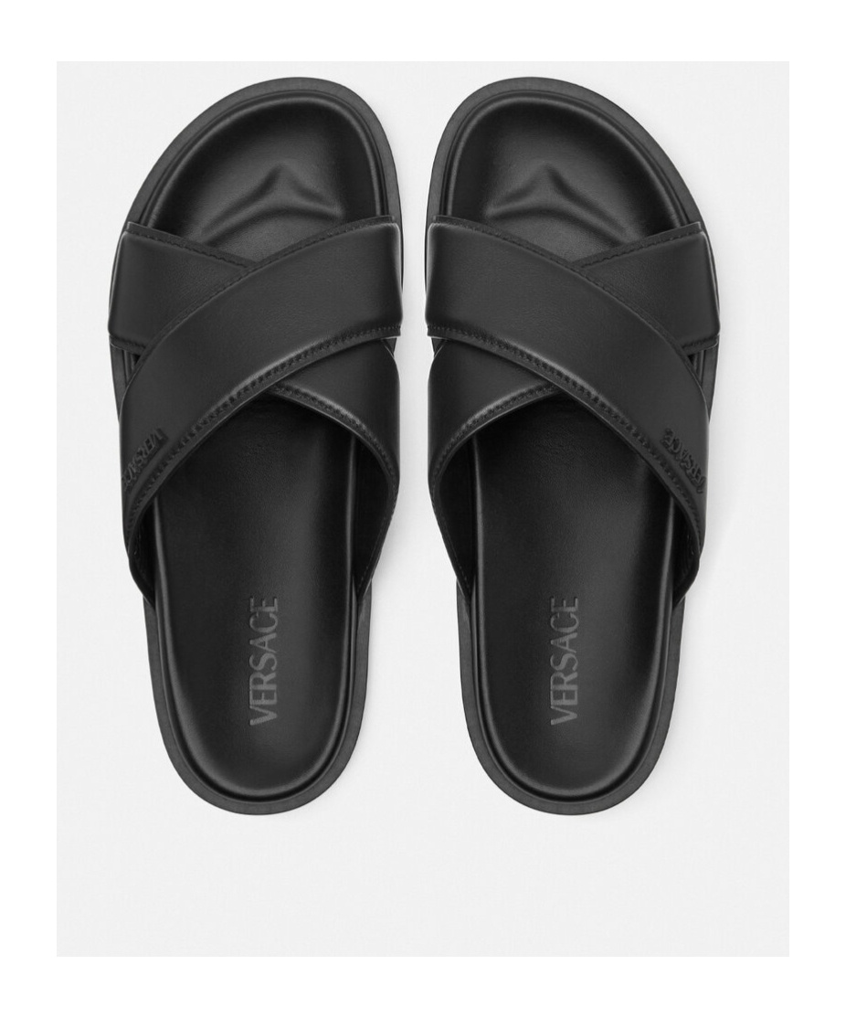 Versace Logo-lettering Leather Slides In Black