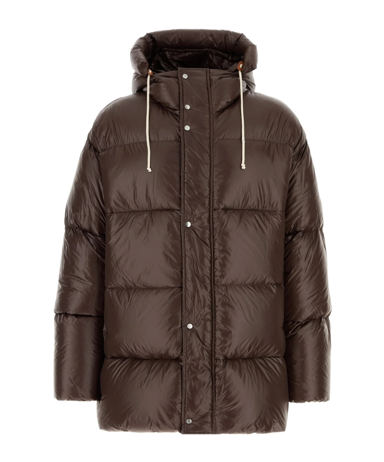 Jil Sander Long Quilted Down Jacket Hood In Brown
