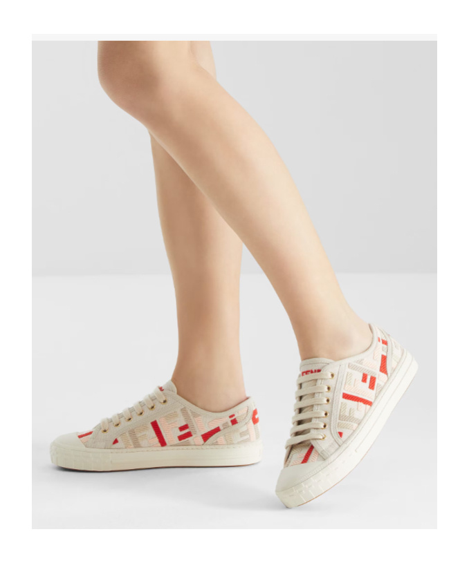 Fendi Beige Embroidered Canvas Low Tops In Gold