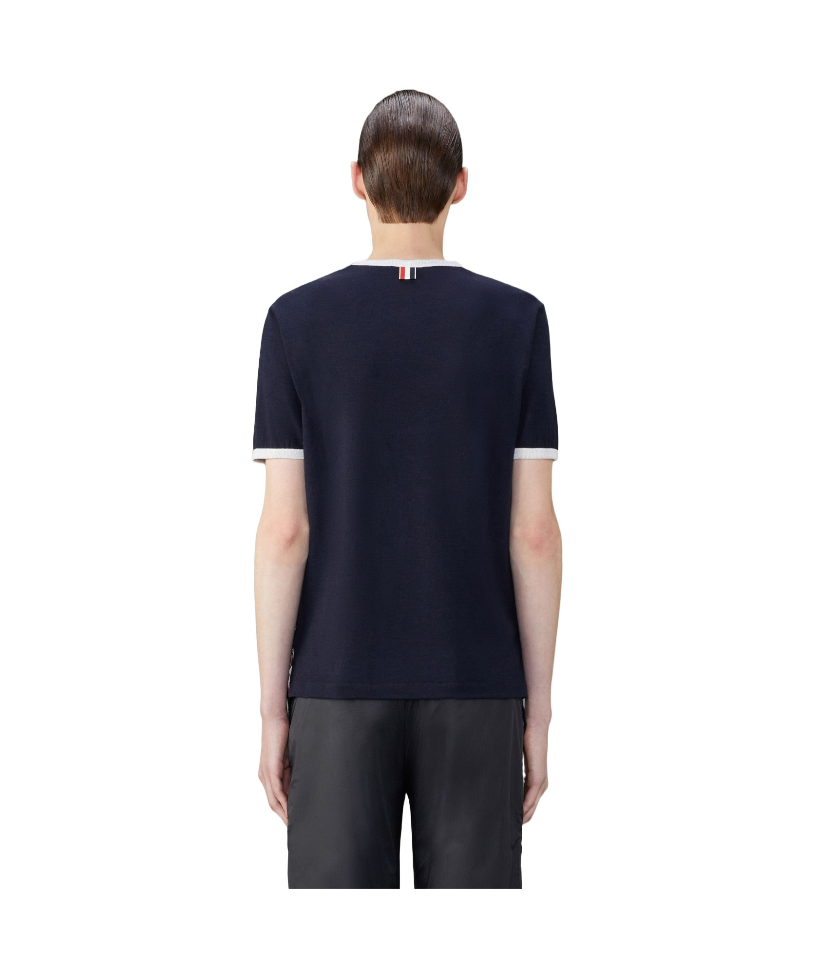 Thom Browne Mens Navy Ringer Brand-patch Stretch-wool T-shirt In Black