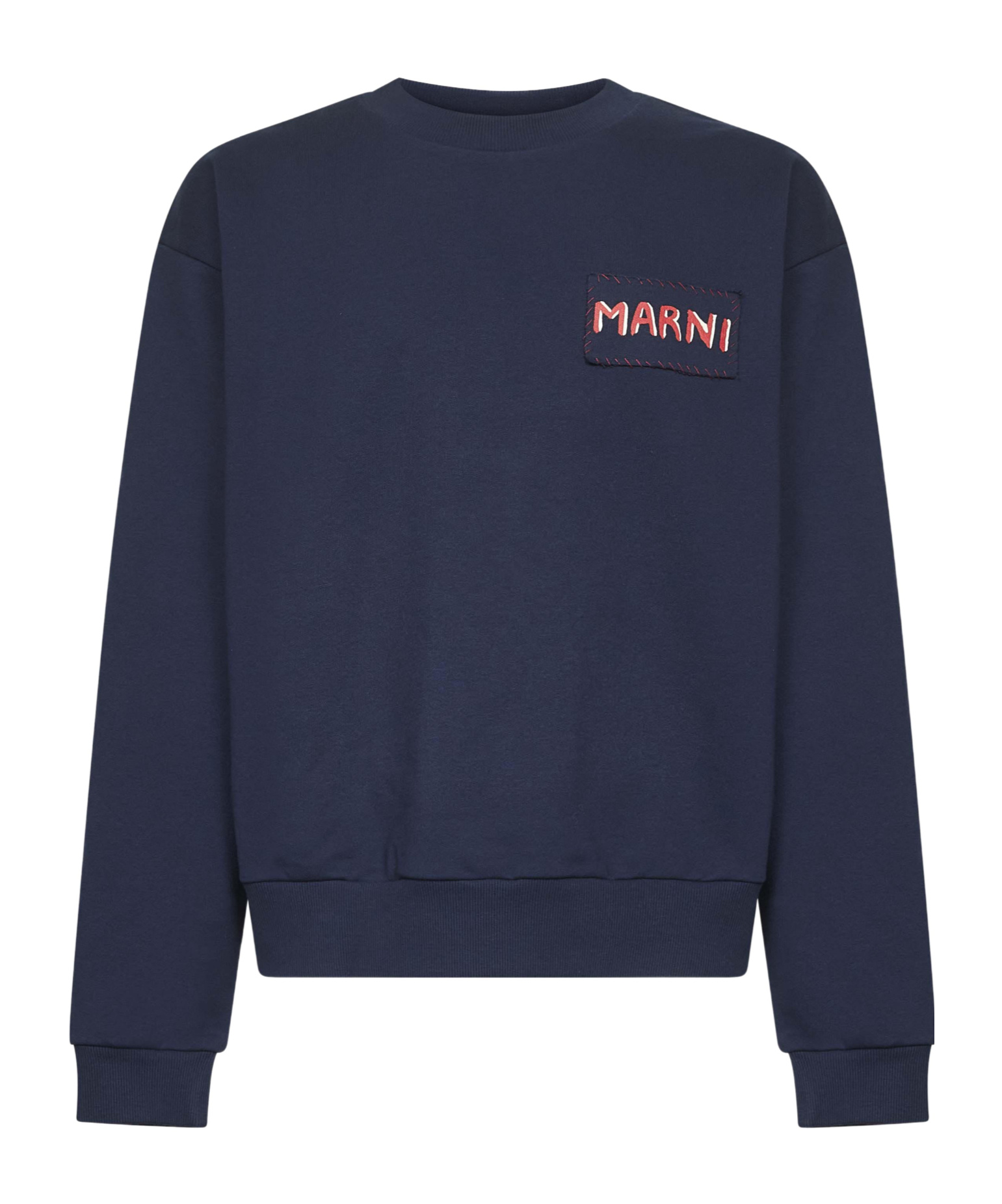 Marni Boxy Navy Blue Cropped Sweater With Bold Logo Patch In Blue