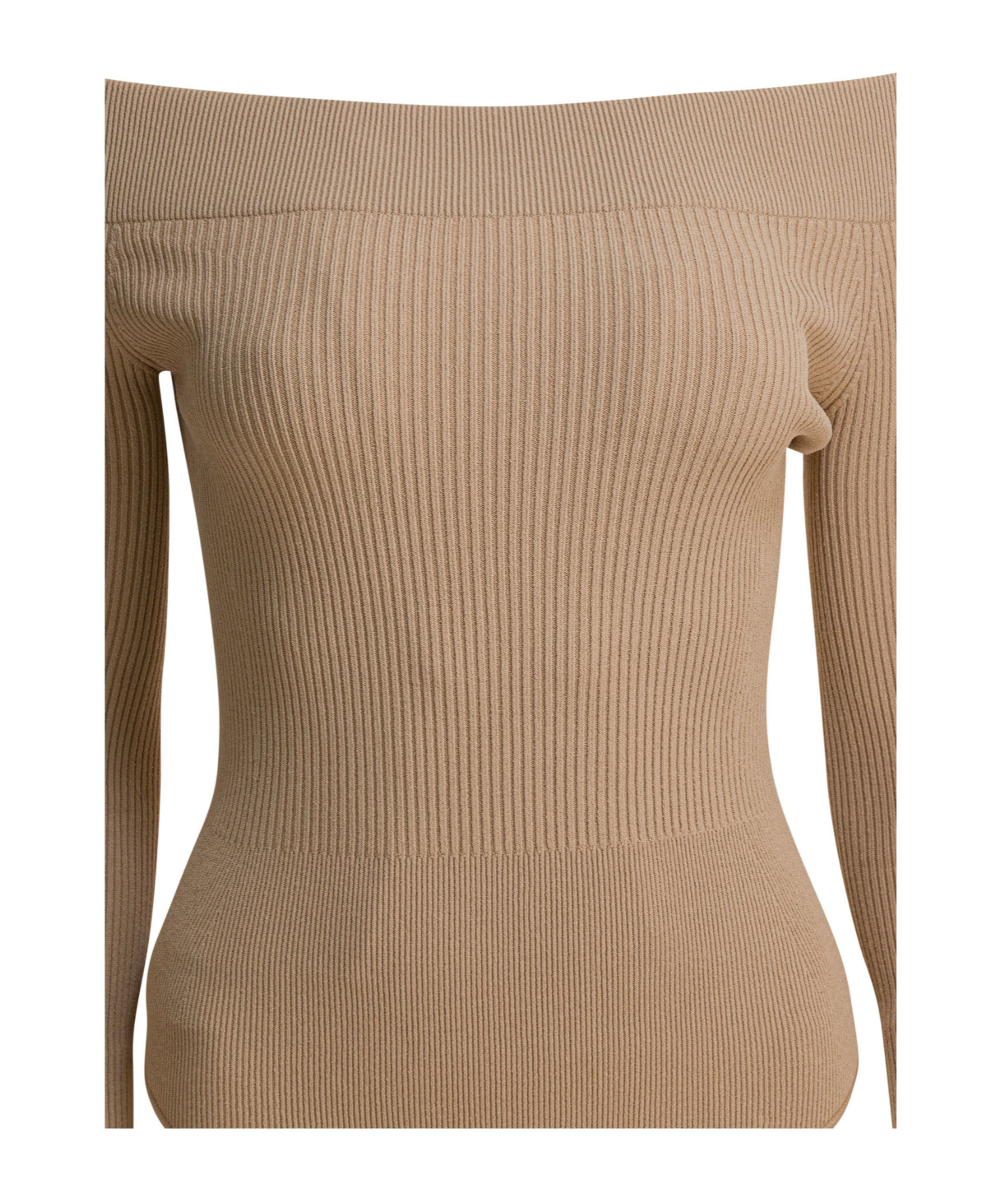 Alaïa Off-shoulder Ribbed Bodysuit In Brown