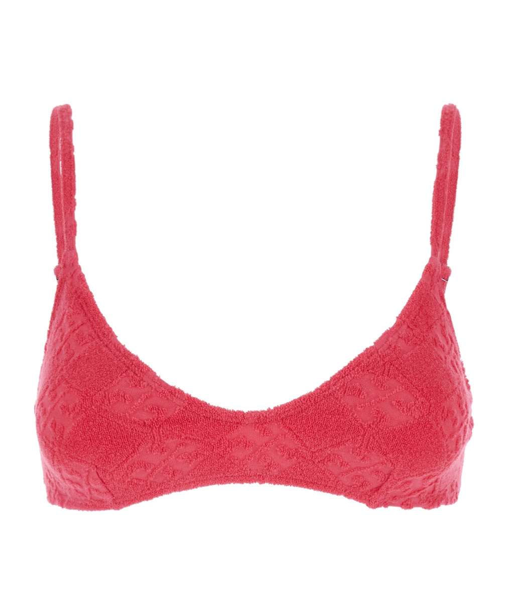 Tory Burch Terry Pink Bikini Top With Adjustable Spaghetti Straps And All-over Logo Embroidery In Cotton Blend In Red