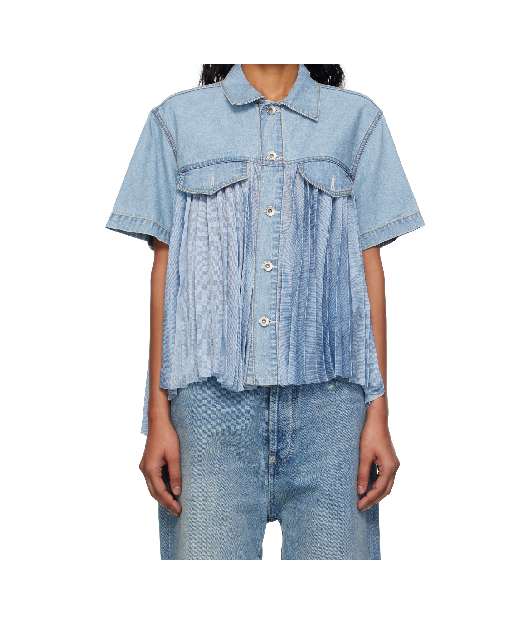 Sacai Pleated Denim Shirt In Blue