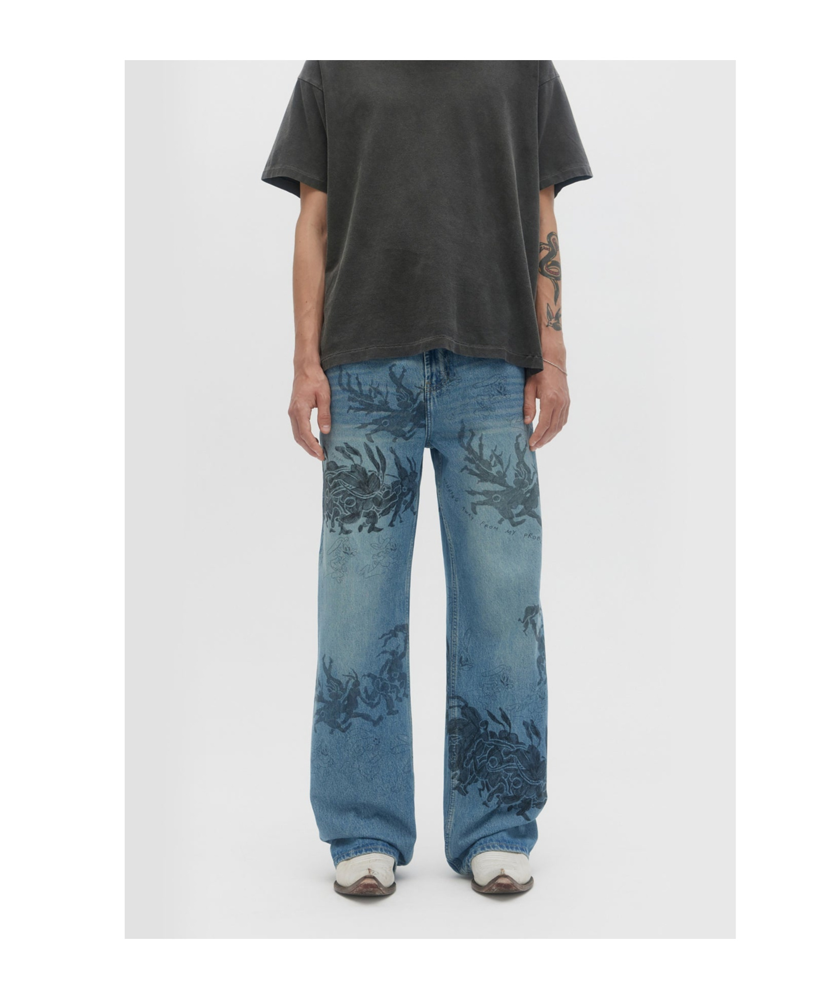Domrebel Hops Printed Bootcut Jeans In Blue