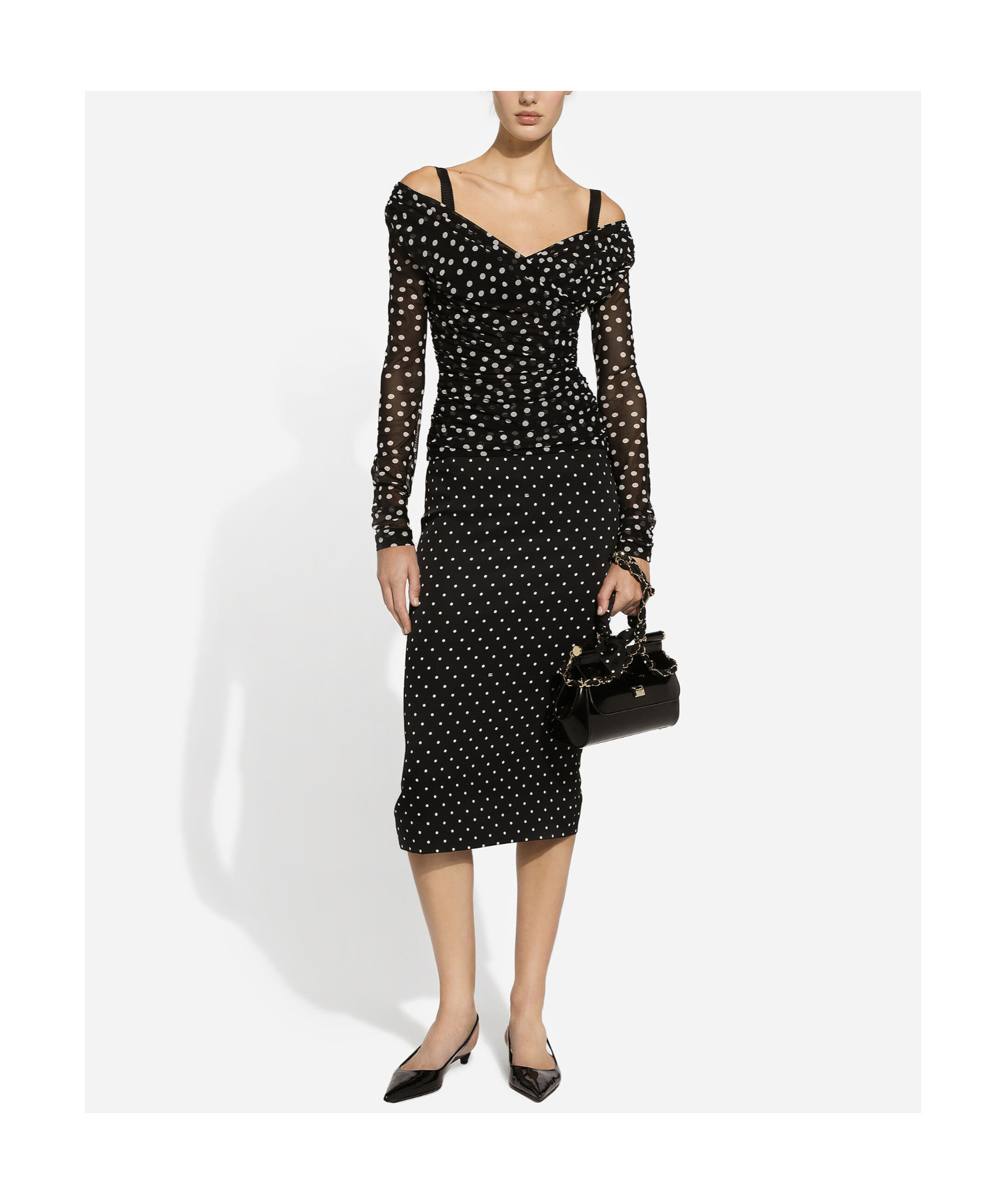 Dolce & Gabbana Stretch Tulle Top With Crossover Neckline And Polka Dot Print In Black