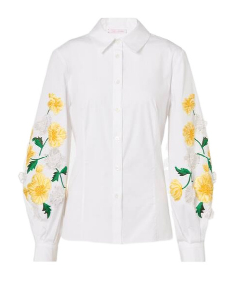 Carolina Herrera Floral Cotton-blend Poplin Shirt In White