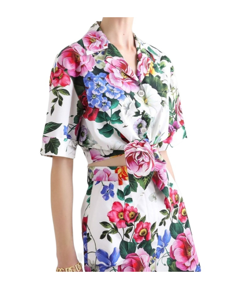 Dolce & Gabbana Multicolor Crop Shirt With All-over Floral Motif And Logo Lettering Detail On The Front In Cotton Wo In White