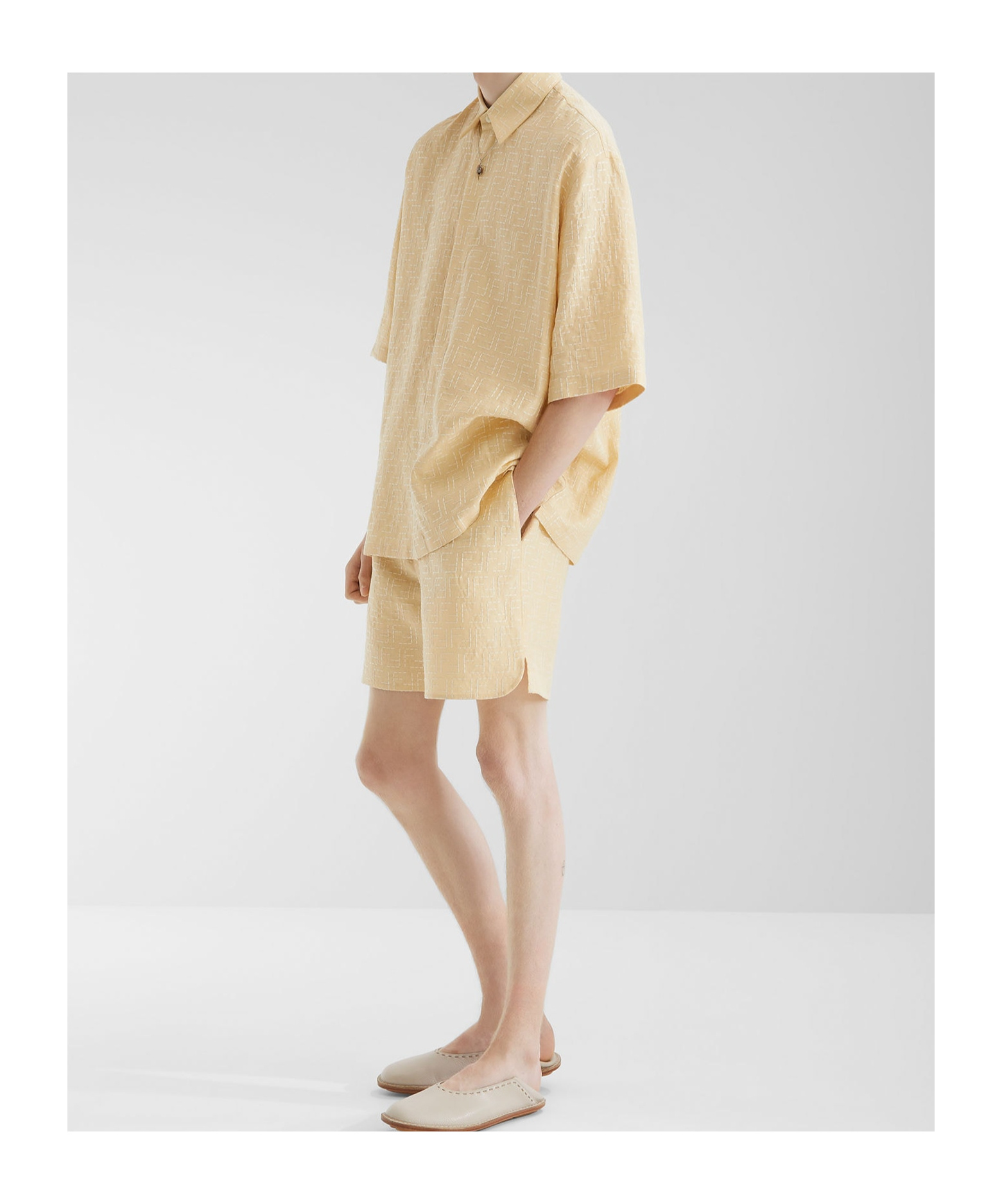 Fendi Men Jacquard Linen And Cotton Shirt With All-over Ff Embroidery In Pink