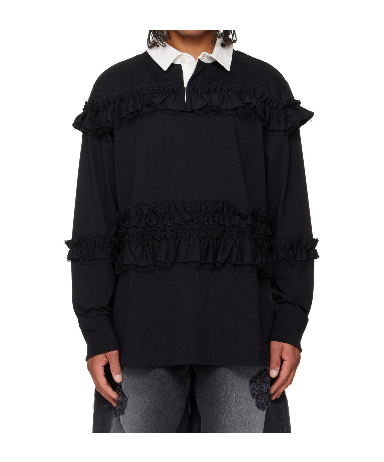 Simone Rocha Ruffled Rugby Polo Shirt In Black