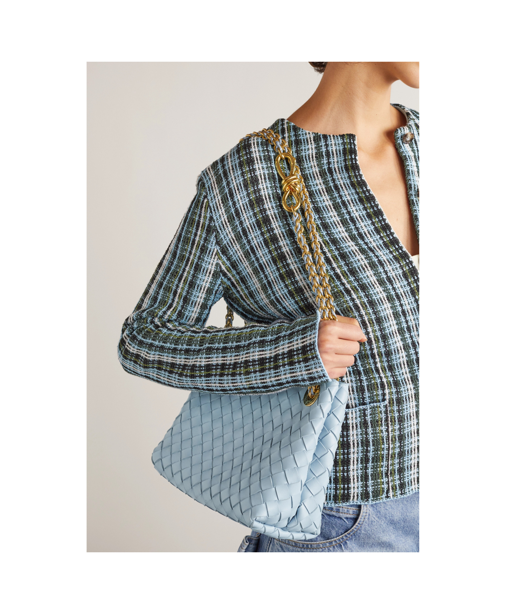 Bottega Veneta Andiamo With Chain Small Intrecciato Leather Shoulder Bag In Blue