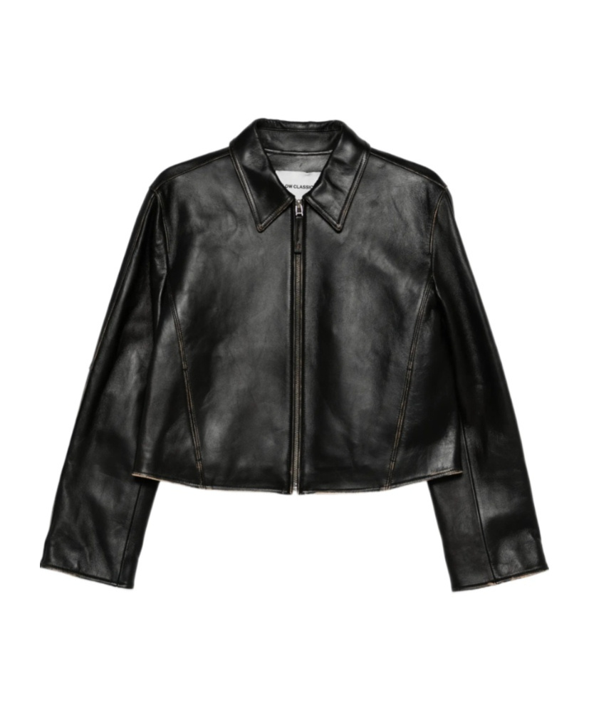 Low Classic Long-sleeved Leather Jacket In Black