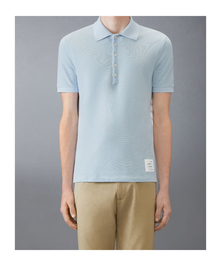 Thom Browne Light Blue Polo Shirt With Four Stripe Detail And Logo Patch On The Front In Cotton Man In Blue