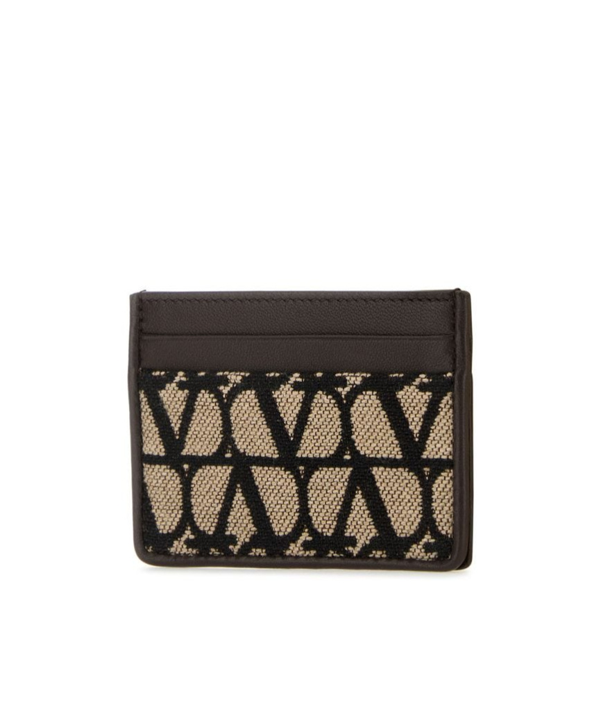 Valentino Iconographe Leather And Toile Card Holder In Black