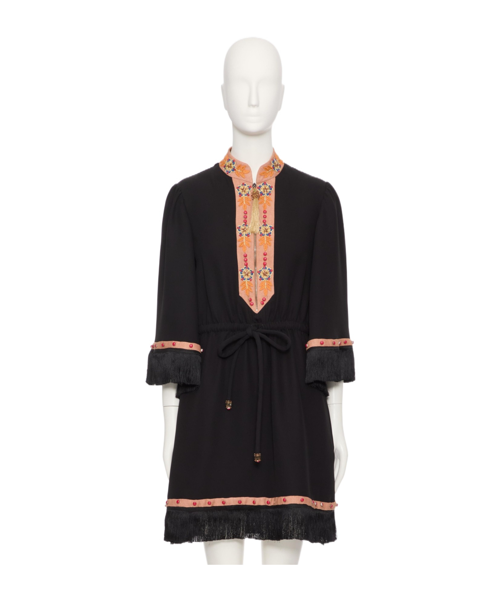 Valentino Belted Fringed Edge Dress In Black