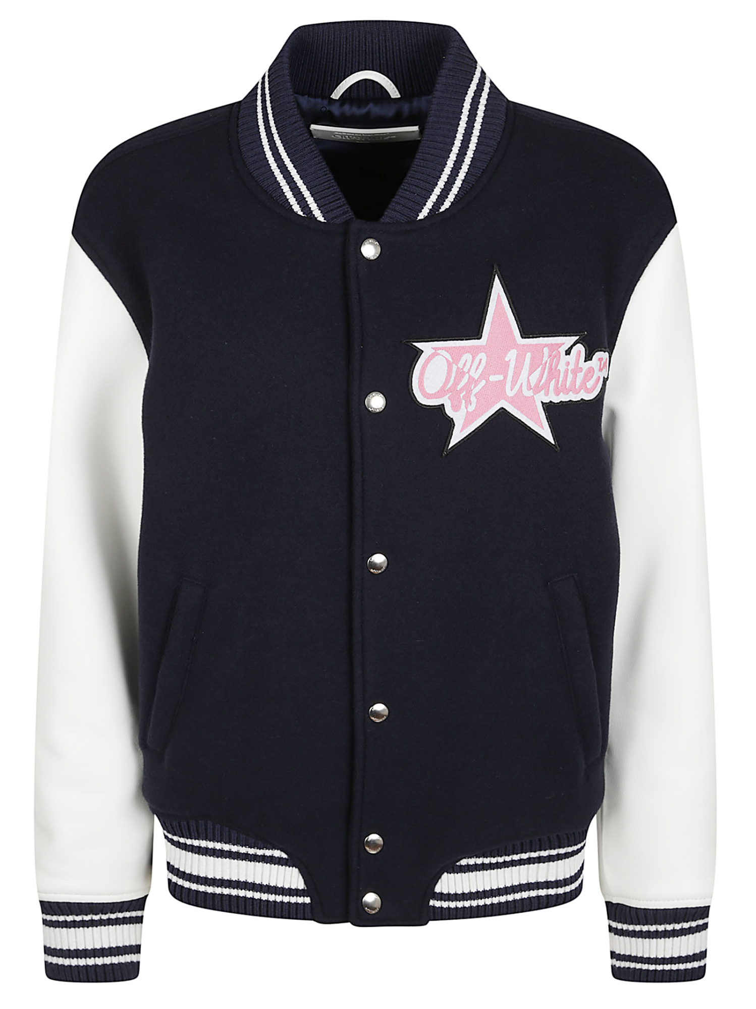 Off-white Varsity Jacket With Ribbed Collar And Contrast Sleeves In Black