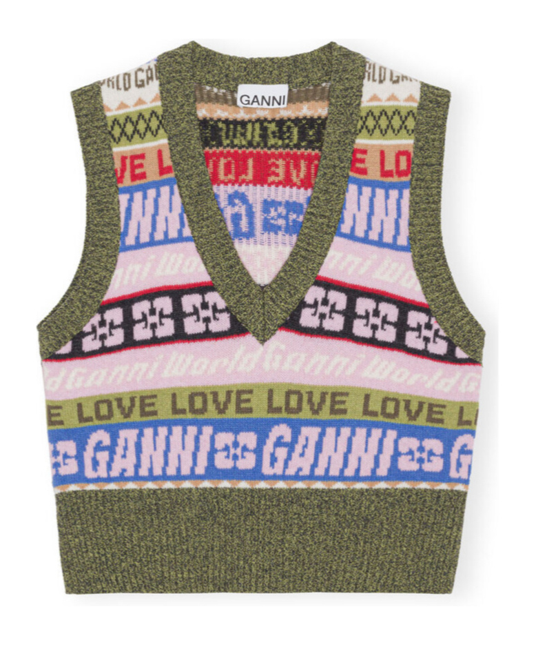 Ganni Recycled Wool-blend Jacquard Vest In Multicolor