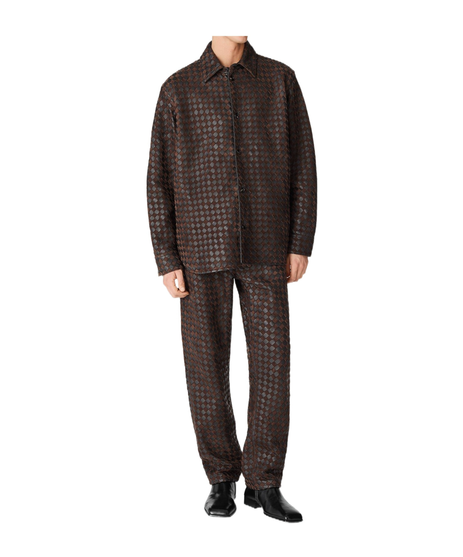 Bottega Veneta Intrecciato Leather And Suede Shirt In Brown
