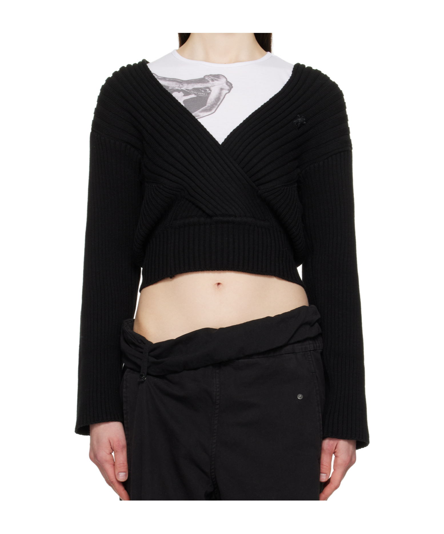 Open Yy Crisscross Ribbed Pullover Sweater In Black