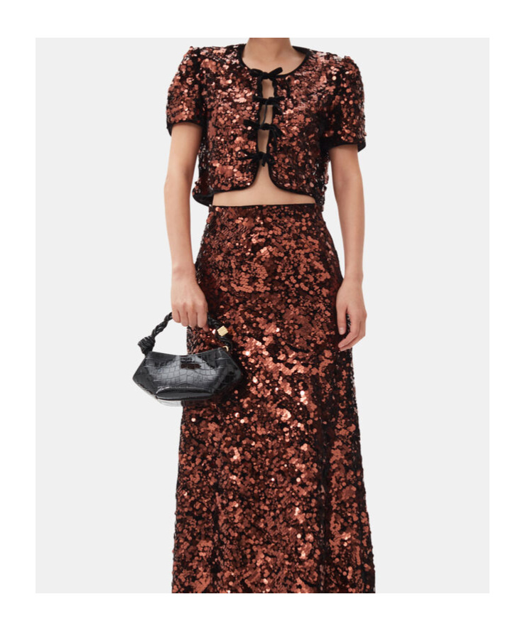 Ganni Sequined Velvet-trimmed Crop Top In Black