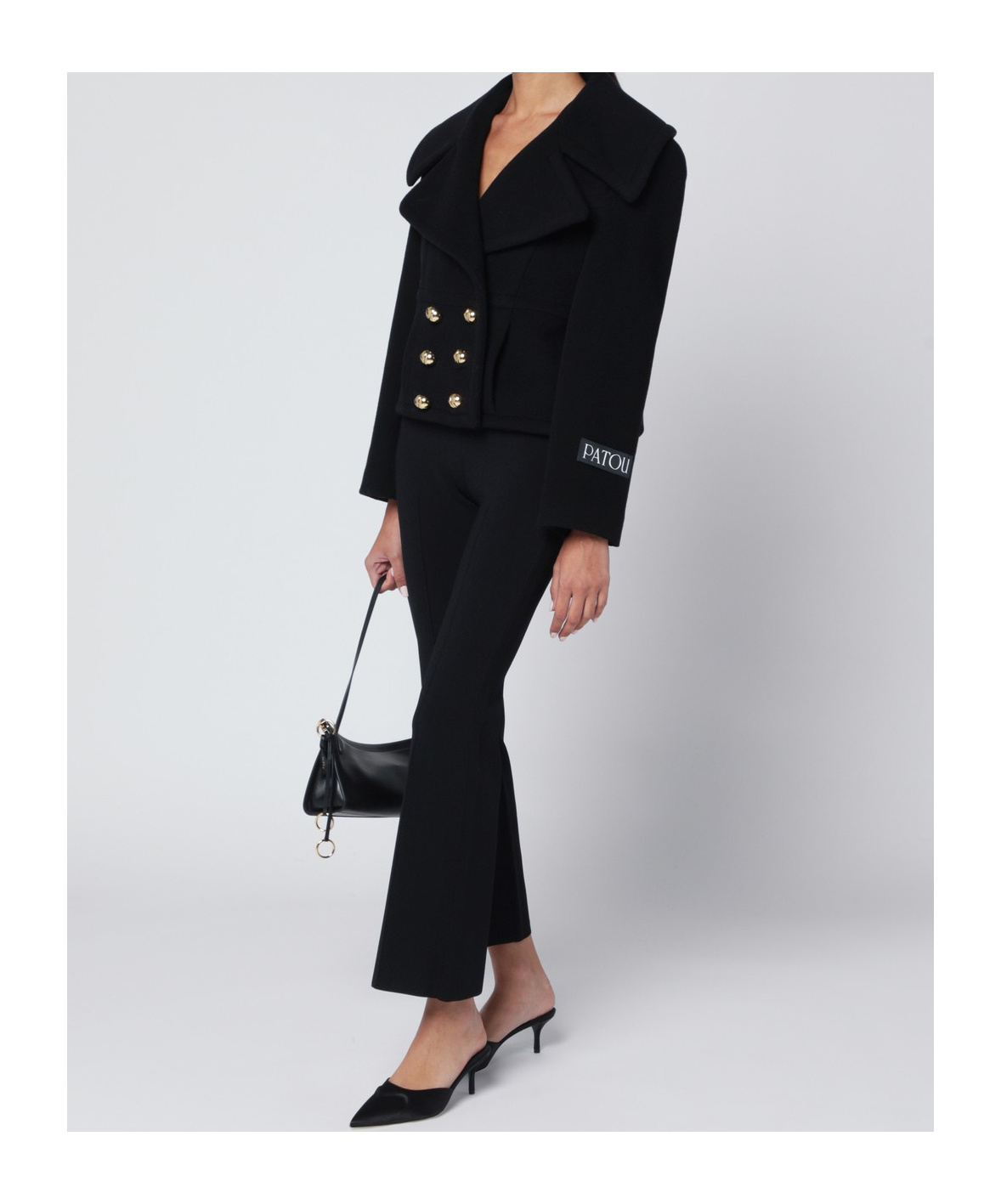 Patou Cropped Double Breasted Coat With Gold Buttons In Black