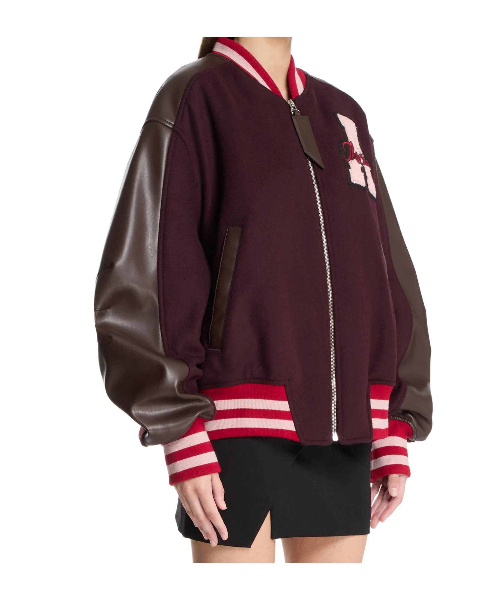 Attico Leather-sleeved Logo-patch Bomber Jacket In Brown