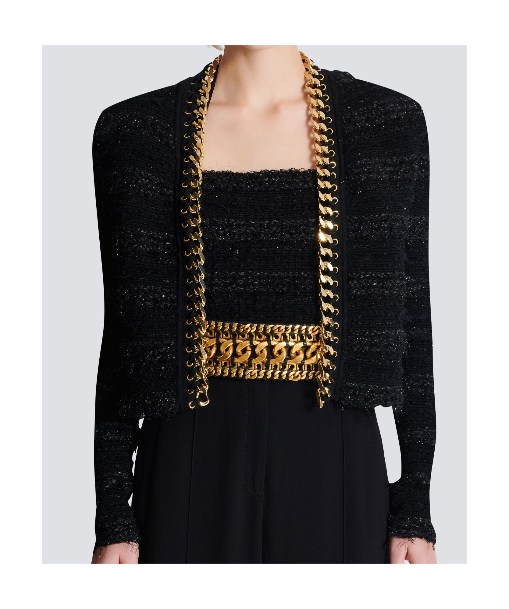 Balmain Chains Details Side To Side Tweed Jacket In Black